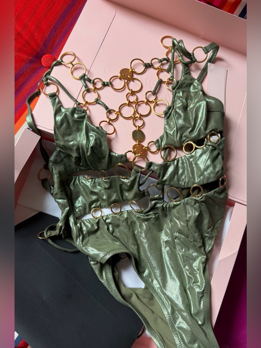 AGENT PROVOCATEUR Gold-Ring Olive Green Chain One-Piece Swimsuit. SIZE 2/ SMALL